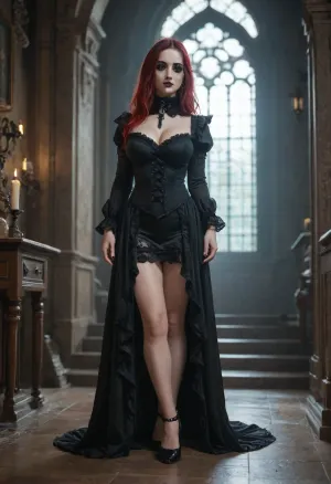 Busty Goth Girl, detailed, beautiful, pale ash white skin, ((perfect goth makeup)), ((red hair, black hair)), goth Lolita-like outfit, gothic mansion, atmospheric lighting, full body view