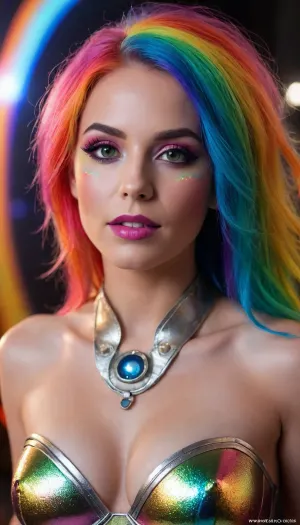 (alone in space, space background), (((close-up))), sexy girl, ((lantern corps from DC's Comics)), chrome color, (sexy rainbow lantern outfit, rainbow hair, rainbow eyes), (rainbow makeup:1.5), (((bright rainbow ring))), lantern's logo on chest