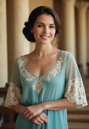 Create a realistic style photograph of this woman as a beautiful court lady in an elegant but simple solid colored tunic accented with lace smiles at the viewer with shy and sweet eyes. Make her look like she’s in her 30s, with a mature appearance but a youthful energy and beauty.