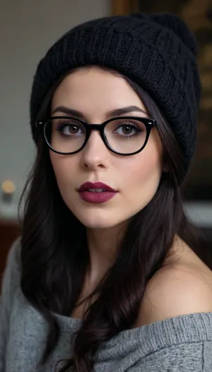 31 year old cute woman, long dark hair and dark makeup, dark lipstick, small circular black glasses, cozy knitt hat, cozy off shoulder sweater, tattoos and piercings
