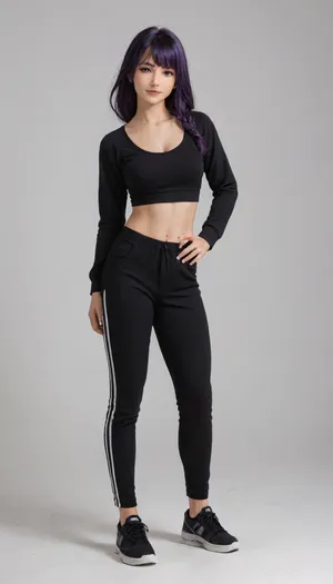 lazypos, 1girl, raiden shogun, genshin impact, dynamic pose, casual clothing, smile, mole, collarbone, looking at viewer, pants, contemporary, low-tied long hair, hand on own hip, long hair, alternate costume, braid, black footwear, low-braided long hair, single braid, solo, long sleeves, purple hair, sportswear, very long hair, simple background, full body, shoes, midriff, white background, navel, standing, stomach, mole under eye, sneakers, crop top, closed mouth, cleavage