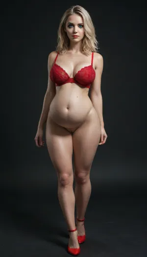 one pregnant blonde, 45 years old, blonde hair, blue eyes, bright makeup, the woman is wearing a red bra and louboutins, without panties, huge belly, massive hips, louboutins, posing on a dark background, high quality, shadow play, deep black background