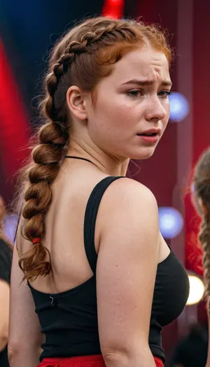 Beautiful girl 18 year, perfect skin, no makeup, natural red cheeks, sligth curvy body, girl sad, (girl crying:1.3), natural redhair girl, girl wears braided hairstyle, girl has curly hair, hair reaches her shoulders, wears her hair down, perfect breast, round and big breasted girl. Girl have skinny and slim waist. Girl have wide hips. Girl with round buttocks, girl have a well-defined and athlete body, super thick thigts. Girl dancing in the middle of a concert. Neón ligths and láser visibles. Girl wears a casual red blouse and a black skirt. 8k image, high Quality image. Extra detailed girl. Extra detailed backgrounds. Dinamic angle image, hdr, <lora:EnvyThiccXL02:1.2>, <lora:Microwaist_XL_v01:1.2>