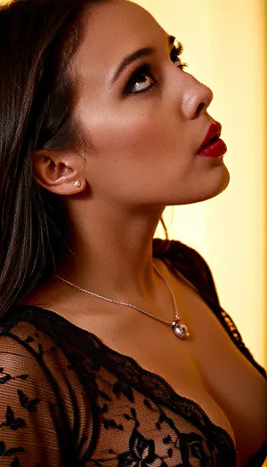 <lora:realistic_female_face:.9>, <lora:natural_skin_texture:.7>, ultra realistic portrait photo of an adult woman, three-quarter side profile, looking to the right, soft confident expression, calm and introspective mood, medium brown skin tone, natural facial structure, defined nose bridge, visible nose piercing, sharp winged eyeliner, dark red lipstick, natural eyebrows, realistic facial proportions, long dark hair, side parted, smooth and natural, wearing black lace lingerie top, open striped shirt loosely draped, subtle jewelry necklace, studio portrait photography, plain warm yellow background, soft diffused lighting from the side, natural shadows on face, shallow depth of field, 85mm lens look, f1.8, photorealistic skin texture, high detail face, pores visible, realistic makeup, no exaggeration, 4k, ultra sharp focus