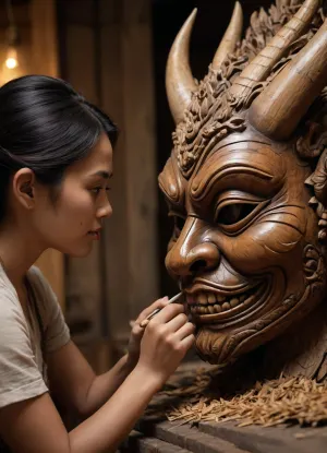(High Quality:1.4), (Ultra-Detailed:1.6), (Masterpiece:1.3), (Side View), . An Indonesian woman carves the final details of an extremely detailed Balinese demon mask from wood with a sharp chisel in her dimly lit workshop, some shavings from the carving. The intricate wood grain is visible, showcasing her skillful work and the fine details of the carving. The Balinese demon mask exudes a mysterious atmosphere. Dramatic lighting and cinematic color grading. The scene is rendered in 8K resolution, with full focus and sharpness, capturing every detail. No noise., <lora:leapfusion_v2:1.2>, <lora:secret sauce B3:1.5>