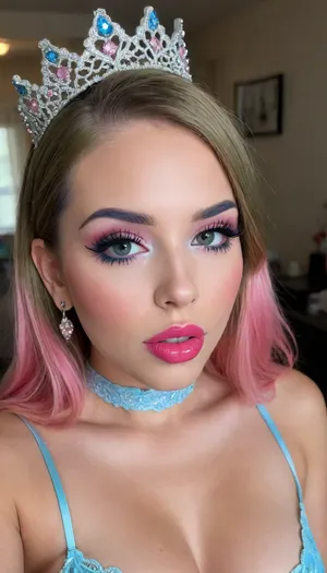 (latina:1.7), and sitting with my legs apart in front of a dressing table with a mirror and a backlight, and there are various makeup products on the table., (tons of cum:1.4), bukkake, I'm looking In the mirror with my eyes wide open, I'm 21 years old and I'm wearing lipstick, Amazing photo, 8k, highest quality, wide viewing angle, detailed face, insanely attractive face, I'm a little lady, I'm holding a lipstick in my hand, s, (colored long hair wearing personalized crown on my head:1.3), covered in pink lipstick, you can see my close-up, oh my god, pink, (big lips, piercing, (maximally detailed skin:1.3), (makeup:1.5), long blue eyelashes, olive eyeshadow with sequins, (high-quality facial care:1.3), big plump lips of a beauty in red lipstick with a glossy wide pink contour and slightly open mouth, (hairstyle with five pigtails, straight bangs of blue color with sequins:1.2), (purple nipples:1.2), labia, clitoris, big, open, spread, closed, small, medium, large earings:1.7), long, shaved, pubic, hair, bad, lighting, bright, 1-alpha, .8>, Abandoned, Hospital, (close view:1.5), (above viewer view:1.7), (pov:1.4), (open mouth:1.7), (wearing heart_shape choker:1.7), (necklace with big pendant:1.4), (wearing many hair accesories:1.7), (ponytail and pigtail:1.4), (wearing personalized crown:1.7), (nipples slip:1.7), (saggy paffy nipples:1.7), (lowering_personalized_lacebra to one side until one nipple is exposed:1.7), (sagy puffy one_nipple:1.3)