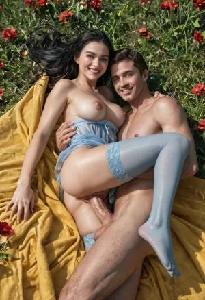 Super realistic. Golden hour, sunny day. 25yo beautiful woman, slim body, pornostar, (very long black hair), large size breasts. Wearing a, (very short:1.9), see through, transparent, light blue sundress, (light blue stockings:1.5), no panties. Ass and nipples visible through dress, strong wind, full body shot, outdoor, (on a yellow blanket in a field of grass), (filled with red flowers), sex with naked white man, fucked from behind. Is positioned behind her in a, (vaginal spooning sex), position, holding her legs while engaging in reverse suspended congress. Looking at viewer, eye contact, smile, (detailed pussy and cock), legs spread wide, massive cock in pussy, pussy penetration.