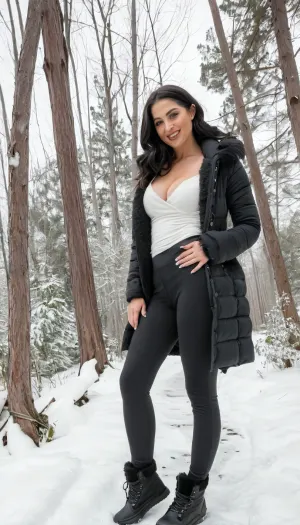 Ultra-realistic full-body outdoor portrait of an adult Indian woman standing in a snowy forest. Tall, leafless trees surround her, with fresh snow covering the ground and subtle footprints visible.

She has long, jet-black hair, worn loose and slightly wavy, framing her face naturally. Her skin tone is medium-to-deep brown, softly contrasting with the white snow. She is smiling with a confident, subtly seductive expression—relaxed, warm, and self-assured.

She is wearing a stylish, sexy winter outfit, a fitted dark coat worn open, revealing a form-fitting top with a deep neckline underneath. The outfit subtly accentuates her curves while remaining realistic and appropriate for a cold outdoor setting. She wears tight black leggings or fitted pants and fashionable ankle boots or clean sneakers, blending sensuality with casual winter style.

One hand casually holds a smartphone, the other rests near her hip or inside the coat, reinforcing a spontaneous, confident pose.

Natural cold daylight, soft and diffused, typical of a winter forest. Muted, realistic colors with strong contrast between snow, trees, and her dark, elegant outfit.

Full-body composition, sharp focus on the subject, background slightly softened but detailed. Realistic skin texture, natural color grading. Lifestyle photography style, sexy but tasteful, confident winter aesthetic.