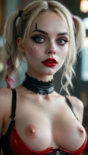 harley quinn, gothic, goth, pale skin, dark black-red eyes, black eyeliner, (black lipstick), white skin, perfect eyes, small eyes, detailed eyes, small nose, good anatomy, ultra detailed, high resolution, small breasts, erect nipples, dynamic pose, titcup, armpit, hand under breast, bent over, full body view, slut face, whore, (ahegao:1), sexy posing, (illustration:1), (hand drawn:1), (anime:1), <lora:MJ52:1>