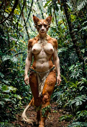 An alienwoman, (bobcat woman hybrid:1.5), with catlike fur, 8 Tits and a nice vagina, walking in a kind of strange outer space jungle. She dosn't wears cloth. She is feared and escaping.