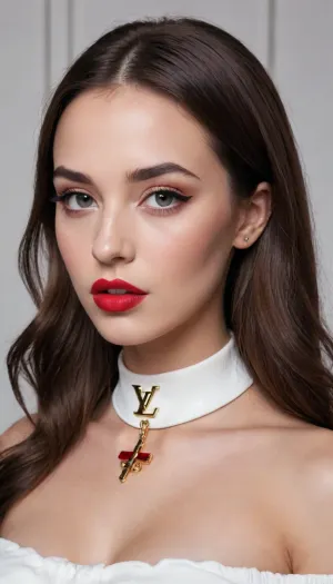 1. Figure and Facial Features
• Face, The woman has long, dark, (black or very dark brown), hair that falls to her shoulders. She looks to the side/up with her mouth open and her tongue slightly sticking out, giving her expression a playful and provocative character.
• Makeup, Very long, thick, false eyelashes catch the eye. The eyebrows are clearly defined and dark.
• Piercings, The model has visible facial modifications, a silver hoop in her left nostril and a barbell piercing in her tongue.
2. Clothing and Bust, naked breasts
• Top, The woman wears a white, textured, long-sleeved top, (the material resembles a wavy knit or lace), . The top is intentionally pulled up very high, all the way to the neck, completely exposing the chest.
• Bottoms, A portion of red clothing, (skirt or pants), is visible at the bottom. • Bust, The breasts are fully exposed. They are large, very round, and high-set, suggesting breast augmentation surgery, (implants), . The skin on the décolleté is smooth.
• Jewelry, A silver chain with a distinctive heart-shaped pendant is visible around the neck.
3. Background and Context
• Setting, The photo was taken in a room. In the background on the right, transparent boxes/display cases displaying luxury accessories are visible, (a handbag and a red accessory, likely Louis Vuitton, are visible), .
• Decorations, A square painting depicting golden lips dripping with golden liquid hangs on the wall.