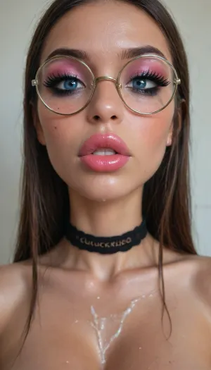 (18 years old petite tiny very fuckable drunk girl next door:1.7), masterpiece, (shiny skin), (((close-up face:1.8))), (skinny:1.5), brown long hair, (blue eyes), (bimbo-slut makeup:1.5), (random emotion:1.4), (((very very big long eyelashes))), (very busty:1.7), (ab crack), ((wet Skin)), ((round glasses)), choker, (cum on skin:1.3), covered long erect nipples, (in the shower), ((she is wearing fishnet stockings contrasting)), shadows, bright light patches, light caustics, (Dynamic angle:1.5), (((best quality))), amazing quality, high contrast, volumetric lighting, intricate details, view from side, (((photorealistic))), (((very big lips))), pink lipstick