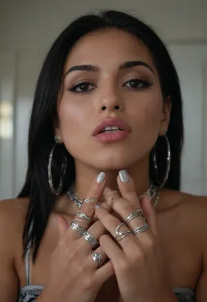 ((Two 18yo females:1.3)), petite muscle body natural tits, amateur webcam, camgirl, long black hair, jpeg artifacts, spread pussy, focus on face and pussy, (perfect manicured very long polish nails:1.3), (silver longest necklaces), silver choker, (she wear lots of silver rings in every finger:1.5), belly piercing, long erected nips, lying, focus on pussy and face, hairy pubis, black lace stockings, platform heels, four black men have their huge penises boner around females mouths, (huge cum projectiles from penis:1.1), interracial, day light