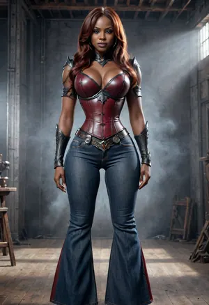 very dark skin Klingon tall curvy slim thick type woman, wearing a leather corset, big east west type breasts, full body image, Flared, jeans, pants, large, breasts, big, boobs, huge, tits, <lora:Flared_Jeans_XL_V2:1.2>, <lora:Leather_armor:1.2>, <lora:bombshell_v2:1.8>