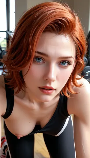 A picture of a man and a woman after having sex in the gym. The woman is a fit girl dressed in only a thong. The womans tits are visible. The woman is on all fours with her head facing the camera. She is a redhead. The woman is in intense pleasure, close to orgasm. The womans back has drops of cum on it. The man is kneeling behind her. The man has his penis resting between her buttocks. The man is fit and naked.