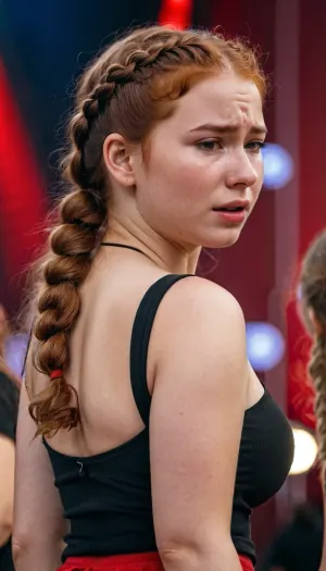 Beautiful girl 18 year, perfect skin, no makeup, natural red cheeks, sligth curvy body, girl sad, (girl crying:1.3), natural redhair girl, girl wears braided hairstyle, girl has curly hair, hair reaches her shoulders, wears her hair down, perfect breast, round and big breasted girl. Girl have skinny and slim waist. Girl have wide hips. Girl with round buttocks, girl have a well-defined and athlete body, super thick thigts. Girl dancing in the middle of a concert. Neón ligths and láser visibles. Girl wears a casual red blouse and a black skirt. 8k image, high Quality image. Extra detailed girl. Extra detailed backgrounds. Dinamic angle image, hdr, <lora:EnvyThiccXL02:1.2>, <lora:Microwaist_XL_v01:1.2>