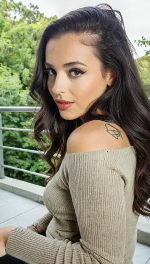 Ultra-realistic full body portrait of an adult Indian woman outdoors on a balcony or terrace. She has very long, jet-black, wavy hair, flowing well past her shoulders, thick and voluminous, parted to one side. Her skin tone is deep, dark brown, rich and warm, with natural texture visible.

She is nude. She wears dark burgundy lipstick, sharp black eyeliner with a subtle wing, and minimal makeup that enhances her natural facial features. A small nose piercing is visible. She rests her face gently against her hand, elbow bent, creating an intimate and contemplative pose.

On her forearm, a visible black heartbeat-style tattoo, a thin bracelet on her wrist. She is wearing a soft yellow knit sweater, cozy and slightly oversized.

Her expression is calm, confident, and quietly intense, with direct eye contact toward the camera—serene, self-assured, subtly seductive without exaggeration.

Natural daylight, soft and diffused. Background slightly blurred with green trees, forest foliage, and a vertical metal railing. Shallow depth of field, sharp focus on face, realistic skin tones, natural color grading, smartphone-style portrait photography, authentic and faithful to real-life appearance.