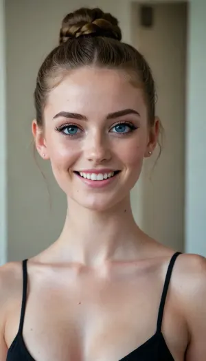(attractive sexy 20-year-old woman, freckles, big blue eyes, thick eyebrows, black eyeliner, black eyeshadow, blush, slim body, undressed, nude, medium loose breasts, smiling), A high black bun hairstyle with braided detail