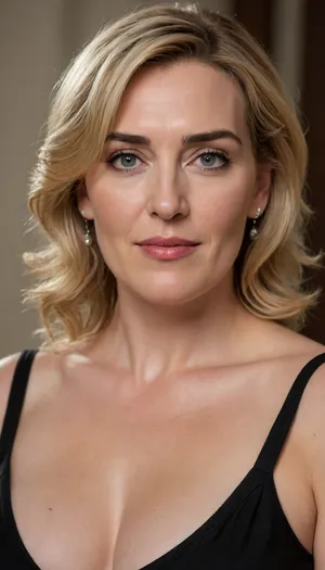 mature MILF, smirk, studio portrait, upper-body shot, large-sized breasts, black top, looks like Kate Winslet