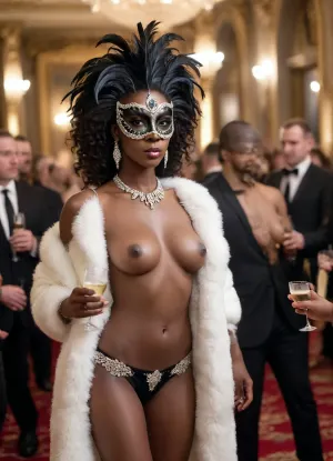 Busy Party, Bright lighting. Many men and women elegantly dressed. All people drinking champagne, holding champagne glasses. Location is a large ballroom. 25 year old completely naked DARK SKIN EBONY AFRICAN SUPERMODEL, nude, standing among the crowd. long WAVY hair. She is completely naked, large breasts, dark nipples. Clean shaven pussy. Diamond necklace, diamond drop earrings. She is wearing a black Venetian Carnival mask decorated with ostrich feathers. Full length view of body, head to toe. Black stiletto heel shoes