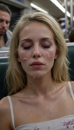Pretty very tall bery skinny woman sleeping in subway, facial cumshot, cum on lips, woman, cum, on, face, her pretty face is covered in thick white cum, cum dripping from here hair, cum in her eyes, <lora:JustCum:1.9>