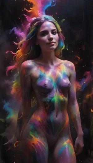 psychedelic scene of an nude 18-year-old painter, thin face, big smile, deep gaze, long rainbow-colored hair, thin and slender body, she dances, like a shaman, around a fire, her, (arms in the air), the, (body, completely covered with fluorescent paint), . Neon colors, iridescent flashes, spiral traces spread all around. The paint completely covers the walls, floor and ceiling, transforming into a psychedelic Amazon jungle, with vibrant colors where each leaf seems to undulate, rays of the sun pierce the canopy. The vines are sinuous, almost alive. an Amazon entered naked, tanned skin, a thin and muscular body, flamboyant, with bright green eyes, looks at me through a curtain of moving vegetation. Viewing angle from the top corner of the workshop, distorted, as if under hallucinogenic lsd. Atmosphere, hypnotic, shamanic DonML34fXL, bl4ckl1ghtxl, Colorsplash, glowneon, glowing, sparks, lightning, ral-colorswirl, chalkdust, <lora:bl4ckl1ghtxl:2>, <lora:SDXLPaintSplash:2>, <lora:glowneon_xl_v1:1.8>, <lora:ral-colorswirl-sdxl:1.9>, <lora:ChalkDustStyleSDXL:1.4>