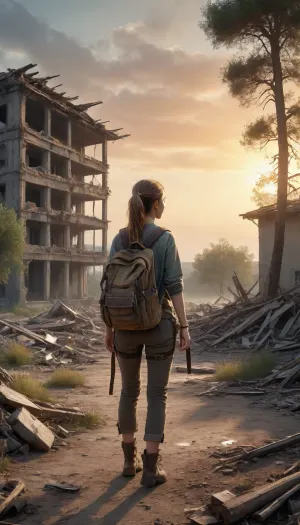 a watercolor with a post-apocalyptic world, with a partially destroyed building in the countryside, pionieer vegetation growing on it, threatening sunset with an strange light, pioneer vegetationand trees grows in rubble, a young woman with a ponytail arriving on the scene with his back to the camera, carrying an old backpack and wearing old ripped clothes