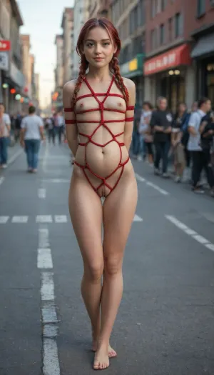 (The cunt is perfectly visible), . beautiful, ((sexy slender, ((21 year old)))), ((red head)), ((pregnant)), woman with an, (((((hourglass figure))), ((super narrow waist)))), posing fully naked, (((((In Shibari Harness))))), In the collar, no makeup, Green eyes, ((Two braids)), ((((3/4 view)))), bare legs, walking barefoot on the evening road among the many passers-by, (((full length))), (flat chest:1.8), ((tiny tits)), good hands, perfect fingers, barefoot, ((vagina)), (clitoris), clearly visible naked cunt, (shaved pussy), ((((cheerful face))), (mischievous look)), Busy traffic and, (crowd of people), in the background, open cunt, the detailed cunt, high foreground clarity. the rope is pressed deep into the cunt.