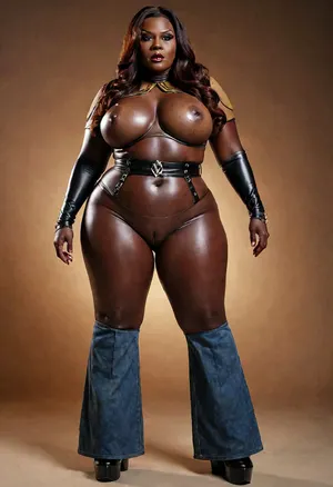 very dark skin Klingon chubby obese ssbbw type woman, bbw latex, full body image, camel toe vigina