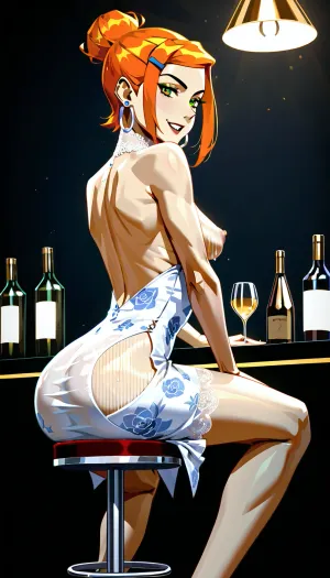 prompt, A petite young woman with a broad, masculine physique sits elegantly on a barstool at a high-end luxury bar. She is posed with her back facing the camera, turned slightly to the left, ((side boob showing)), dress pull down, showcasing an open-back white lace dress with intricate floral patterns., (sagging B cup tits), ((exposed breasts)), The outfit is semi-sheer, hugging her figure. Her orange hair is styled into a sleek bun with a few loose strands framing her face, and she wears gold hoop earrings. The bar is modern and sophisticated, featuring illuminated shelves filled with various colorful liquor bottles arranged neatly. The ambient lighting is warm and soft, casting a golden glow over the scene, highlighting the woman’s posture and the luxurious setting. The bar counter has a dark wood finish with modern gold accents. low angle, focusing on the woman’s pose, textures of her outfit, and the elegant bar atmosphere. Depth of field is moderate, with the woman in sharp focus and the background softly blurred., /, (ultra, HD, quality, details), (green, eyes), (/Ben10)