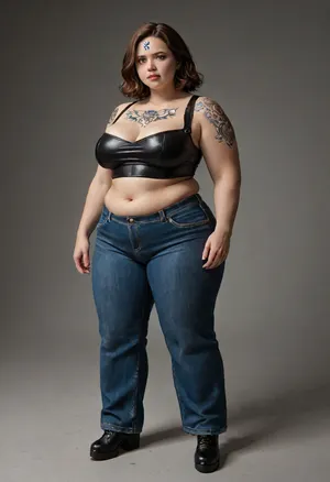 Klingon chubby bbw type woman, Klingon woman's face is typically described as featuring a prominent, ridged forehead, strong bone structure, and a fierce, proud expression reflective of her warrior heritage, bbw latex, full body image, Flared, jeans, pants, <lora:Flared_Jeans_XL_V2:1.2>