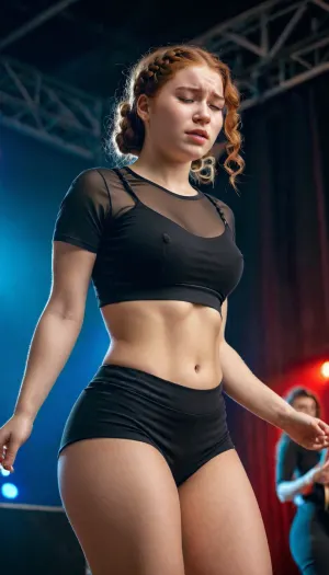 Beautiful girl 18 year, perfect skin, no makeup, natural red cheeks, sligth curvy body, girl sad, (girl crying:1.3), natural redhair girl, girl wears braided hairstyle, girl has curly hair, girl has bob cut hair, hair reaches her shoulders, wears her hair down, perfect breast, round and big breasted girl. Girl have skinny and slim waist. Girl have wide hips. Girl with round buttocks, girl have a well-defined and athlete body, super thick thigts. Girl dancing in the middle of a concert. Neón ligths and láser visibles. Girl wears a casual red blouse and a black skirt. 8k image, high Quality image. Extra detailed girl. Extra detailed backgrounds. Dinamic angle image, hdr, <lora:EnvyThiccXL02:1.2>, <lora:Microwaist_XL_v01:1.2>