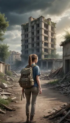 a watercolor with a post-apocalyptic landscape in France, with a partially destroyed building, vegetation growing on it, a threatening sky, new pioneer vegetationand trees grows in rubble, a young woman with a ponytail arriving on the scene with his back to the camera, carrying an old backpack and wearing old ripped clothes, under an strange light