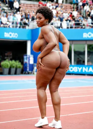 Stacked ebony Grandma with oversized massive siliconed tits runs, athlete, real perfect body and face, perfect body Grandma, Olympic games, big booty High detailed photo, high quality photo