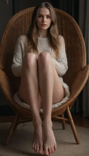 Ultra-realistic portrait, HD, 8K, high definition, rich in professional photographic detail and hyper-realistic textures. Photograph of a slender, fair-skinned woman with long hair, wearing an oversized transparent sweater, bald skinny pussy peaks out, long skinny legs, barefoot, beautiful feet, 5 toes for feet, sitting on a wicker chair, pussy, labia, clitoris, big, open, spread, closed, small, medium, large, long, shaved, pubic, hair, bad, lighting, bright, 1-alpha, .8>