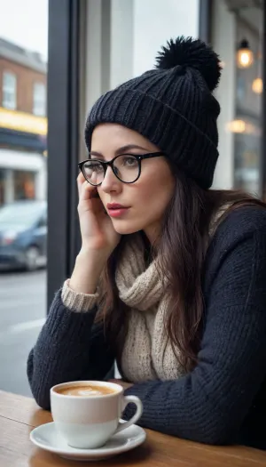 31 year old cute woman, angular features, long dark hair and dark makeup, lipstick, small circular black glasses, cozy knitt hat, cozy sweater, sitting at a cafe table, looking out the window into the rainy streets of London, side view of face, steaming coffee mug, Thoughtful expression