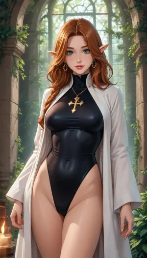 reiq meets markgavatino and melkor mancin artstyle, elf goddess, uberfit, muscular, athletic, vines, saint, cleric, robes, edgleotard, wearing, <lora:uberfit_lora_sdxl:2>, <lora:attractive_notrigger:2>, <lora:MIAOKA_shutengyi_xl_v1.0:2>, <lora:Saint XL:2>, <lora:edgleotardXL1:2>