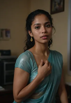 ((sweaty wet oiled light skin)), Filipino curvy woman with wavy tied hair wearing saree outfit in rural Kerala doctor's office setting with clothed Filipino and african nurses humping her at night sweating a lot and getting wet in rain, raining atmosphere, (uneven skin tone), ((jewelries magazine title cover page, sweaty wet skin edition)), ((romance photot pose with male 19 year old fans edition, sideview))