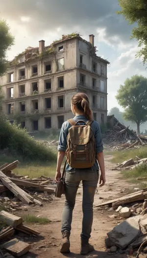 a watercolor with a post-apocalyptic landscape in France, with a partially destroyed building in the countryside, vegetation growing on it, a threatening under an strange light, pioneer vegetationand trees grows in rubble, a young woman with a ponytail arriving on the scene with his back to the camera, carrying an old backpack and wearing old ripped clothes