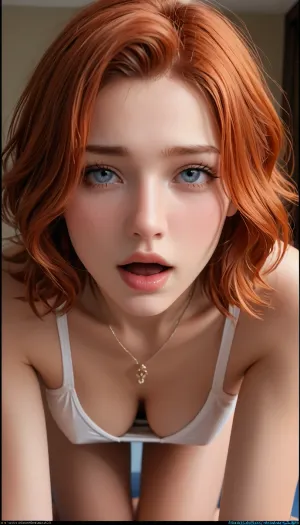 A man and woman having sex. The woman is a fit girl in a thong being fucked from behind by a fit man. She is on a yoga mat on all-fours with him behind her. She is a redhead. The man is naked. The woman is in pleasure, close to orgasm.