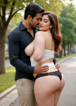 pakistani mature woman, 36 years old, milf, thick thighs, short to medium tall, curvy but slim body, white skin, bending over, cleavage, large mammaries, begging, sultry, seductive, teasing in public, wearing a loose blouse and sexy black panty, kissing younger man, sexy kiss, man grabbing woman's ass while kissing