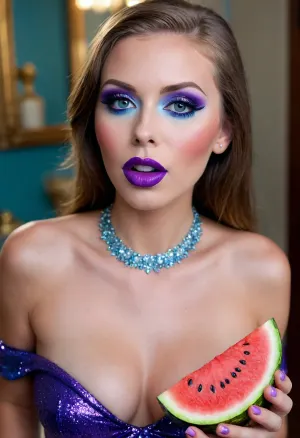 perfect image quality, unusual camera angle.
a female Australopithecus with very large breasts and long purple nipples., ((my pussy eats watermelon)), (blue eyes:1.3), ((bimbo makeup, intense saturated glossy purple lipstick:1.2)), ((makeup:1.8), long blue eyelashes, olive eyeshadow with glitter), (lips:1.2), open mouth, saliva, in a transparent tight-fitting sequined dress