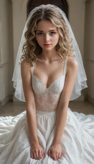 solo, 3/4 view, (18 year old young beautiful petite female:1.6), ((blonde wavy hair)), ((light blue eyes)), ((seductive pose)), ((wedding veil)), (wedding dress:1.6), white lace stockings, ((heals)), ((penthouse))