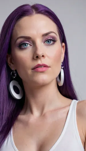 jessie, pokemon, 40yo, solo, team rocket, hair slicked back, long hair, earrings, blue eyes, white background, very long hair, simple background, purple hair, disgusting, massive body