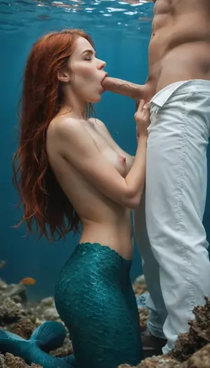 A 30 year old mermaid is giving an underwater blowjob to a man. The scene is underwater, near the surface. A man is clinging to a piece of wooden debris on the surface. Below the water, a red-headed mermaid is sucking on his cock. Underwater lighting, topless, small perky breasts, erect nipples, long vivid red hair, hair floating in the water, mermaid tail, green-blue scales on tail, transition from human to fish-tail between belly button and hips, real fish-tail, (deep throat blowjob:1.1), man's white pants hanging around his ankles, (only one man), side view, <lora:WTS - WhatTheSuck - v1:.8>, <lora:add-detail-xl:.8>