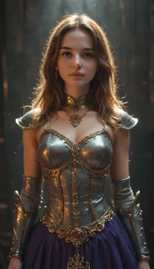 Anime style art, fantasy vibe, RPG, FEMALE knighT, (luscious hair), neat hair, most luxurious knight armor, gold laces, jewels, ((exaggerating exortic designs)), (neon colour scheme), ((enhanced metallic texture)), skirt, cheerful, youthful, (((detail face))), 4ng3l, face, <lora:SDXL_BetterFaces-LoRA_v1:1.2>, <lora:style_lora_realis:1.8>