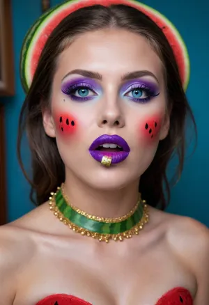 perfect image quality, unusual camera angle.
a female Australopithecus with very large breasts and long purple nipples., ((my pussy eats watermelon)), (blue eyes:1.3), ((bimbo makeup, intense saturated glossy purple lipstick:1.2)), ((makeup:1.8), long blue eyelashes, olive eyeshadow with glitter), (lips:1.2), open mouth, saliva, in a transparent tight-fitting sequined dress