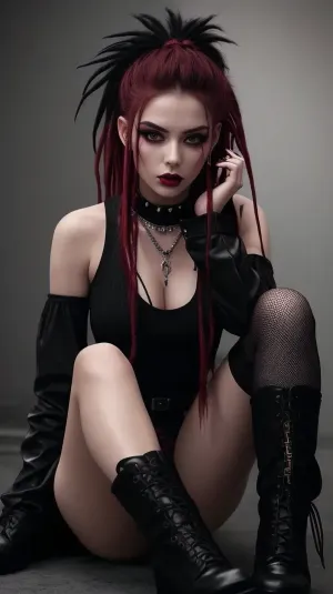 The image shows a young woman sitting in a striking, edgy pose with a grunge aesthetic against a red-tinted background. Her hair is styled into long, vibrant red dreadlocks with dark roots, cascading down past her shoulders, adding a bold and rebellious element to her look. Her makeup complements the edgy theme, featuring dark eyeliner, bold lashes, and a pale complexion with subtle contouring.

Her outfit consists of a sheer black long-sleeved top that exposes a black bra underneath. She wears black fishnet tights, which add texture and edginess to the ensemble, along with thigh-high leg warmers in a ribbed, dark material. Her shoes, though partially out of frame, are platform-style boots, adding to the punk and alternative aesthetic.

Her accessories include a spiked choker around her neck, layered necklaces, and spiked wrist cuffs, all contributing to the gothic and industrial style. Her nails are painted red, matching the overall dark theme of her outfit.

Her pose is relaxed yet assertive, as she sits on the floor with her legs spread wide apart, leaning slightly forward with her hands resting between her legs on the ground. Her fingers are adorned with multiple rings, adding more detail to her look. Her gaze is directed slightly off-camera, giving an air of nonchalance and confidence. The red lighting enhances the moody, alternative vibe of the scene.