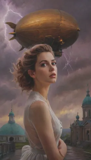 (female scientist, floating hairs), (airship behind her), (near observatory dome), stormy weather, lightning in sky, (pastel painting), expression of desire, steampunk ambiance, (pastel oil style), <lora:Proskurin_oil_painting_style:1.5>