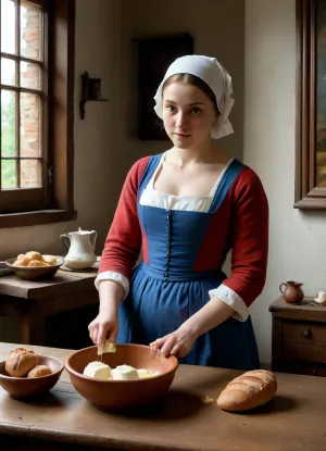 The scene is an identical to the painting “The Milkmaid” by Vermeer. Mature Woman in the same style white Dutch bonnet cap, full body view, (she is topless with small tits, flat chest), slender, narrow hips, hairy pussy, sagging, small breasts, she stands by a table under a high window, she is pouring milk from a terracotta jug into a bowl on the table, her eyes are on the milk as it tumbles into the jar own bowl, the table is adorned with bread and a small black jug, Vermeer’s original painting hanging on the wall in the background, <lora:sagging-000015:.8>